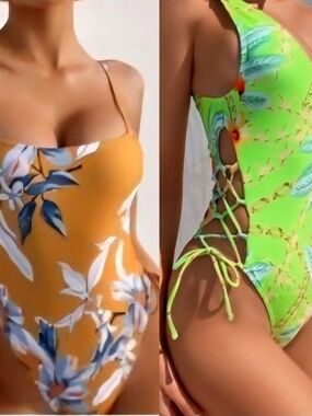 Yellow & Neon Green Floral One-Piece Swimsuits